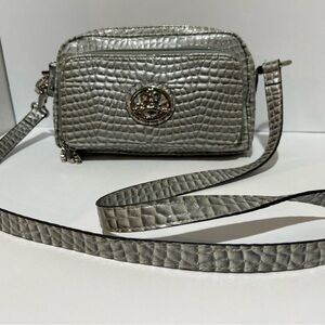 Kathy Van Zeeland Silver Croc-Embossed Crossbody Bag with Gold Logo